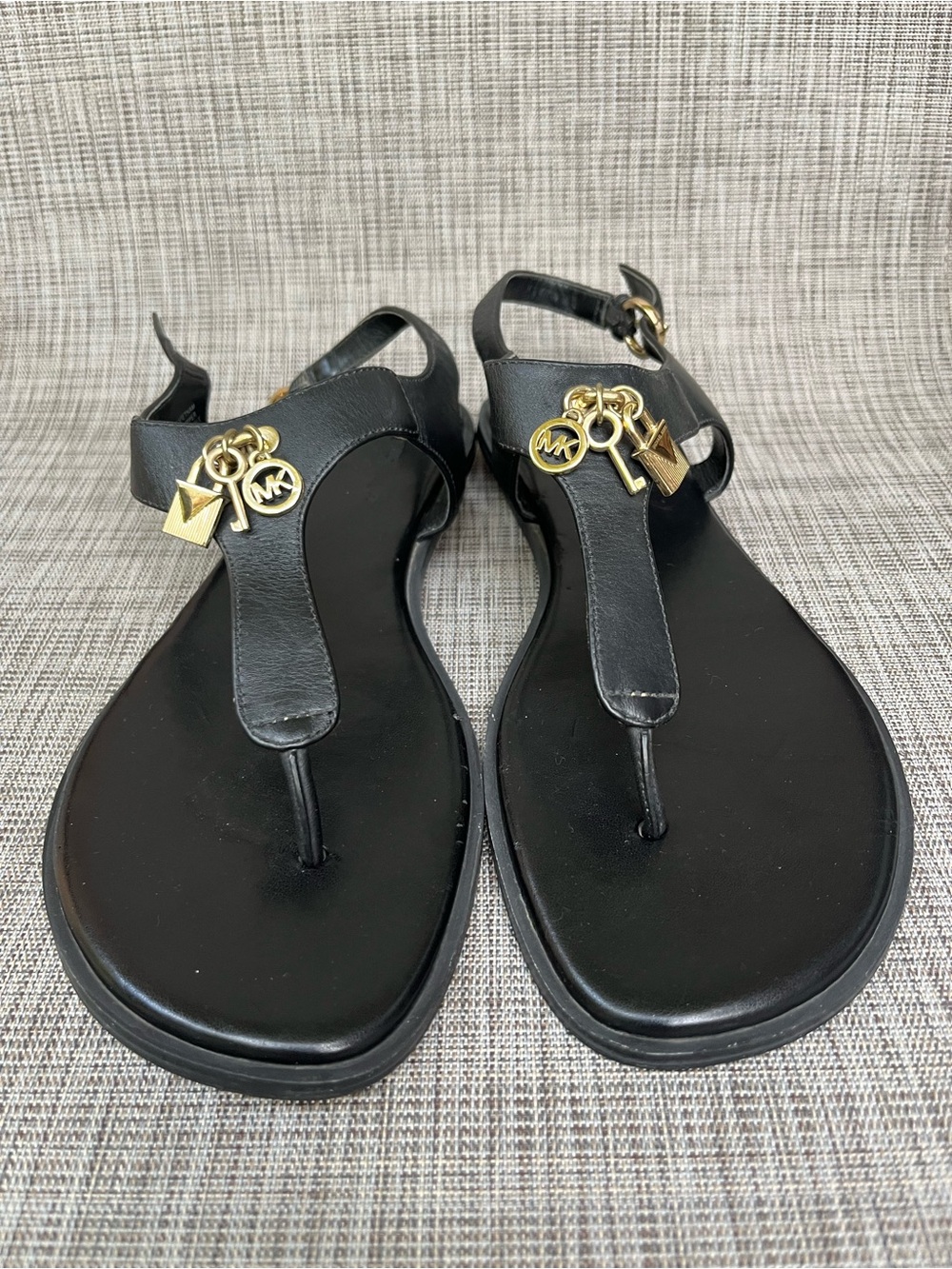 Michael Kors Black Leather Thong Sandals with Gold Charms